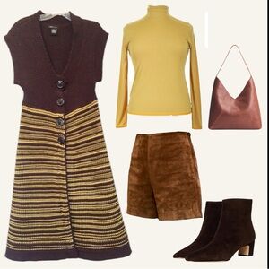 🌼 BCBGMAXAZRIA Y2K Knit Cardi /Dress | Chocolate
Brown & Mustard Stripe | Size L